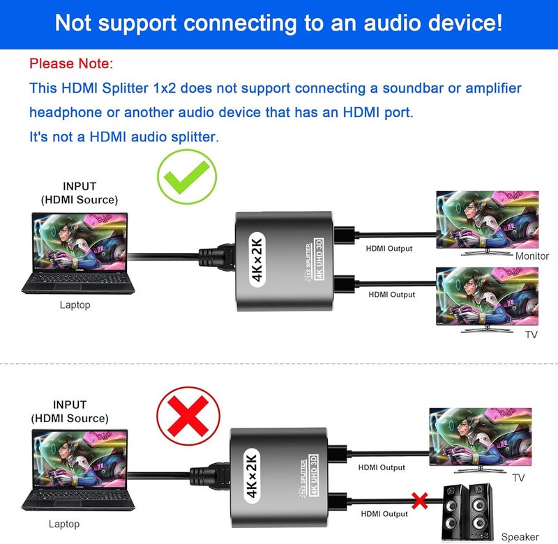 Closs HDMI Splitter 1 in 2 Out -HDMI Splitter for Dual Monitors Duplicate/Mirror Only - Not for Multi Monitors, No HDCP Bypass, USB Powered, 1 Source to 2 Identical Displays, for PS4 Fire Stick HDTV - Image 4